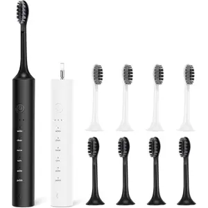 2 Pack Sonic Electric Toothbrush for Adults, Rechargeable Toothbrush with 2 Minute Built-in Timer, 6 Powerful Modes with 3 Intensity Levels, 8 Soft Brush Heads (Black + White)