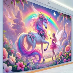 1 piece - Mystic Unicorn and Fairy Background Fabric - Brightly colored photography backdrop featuring rainbows, flowers and magical forest scenes, suitable for indoor/outdoor party decorations, birthdays and festive celebrations