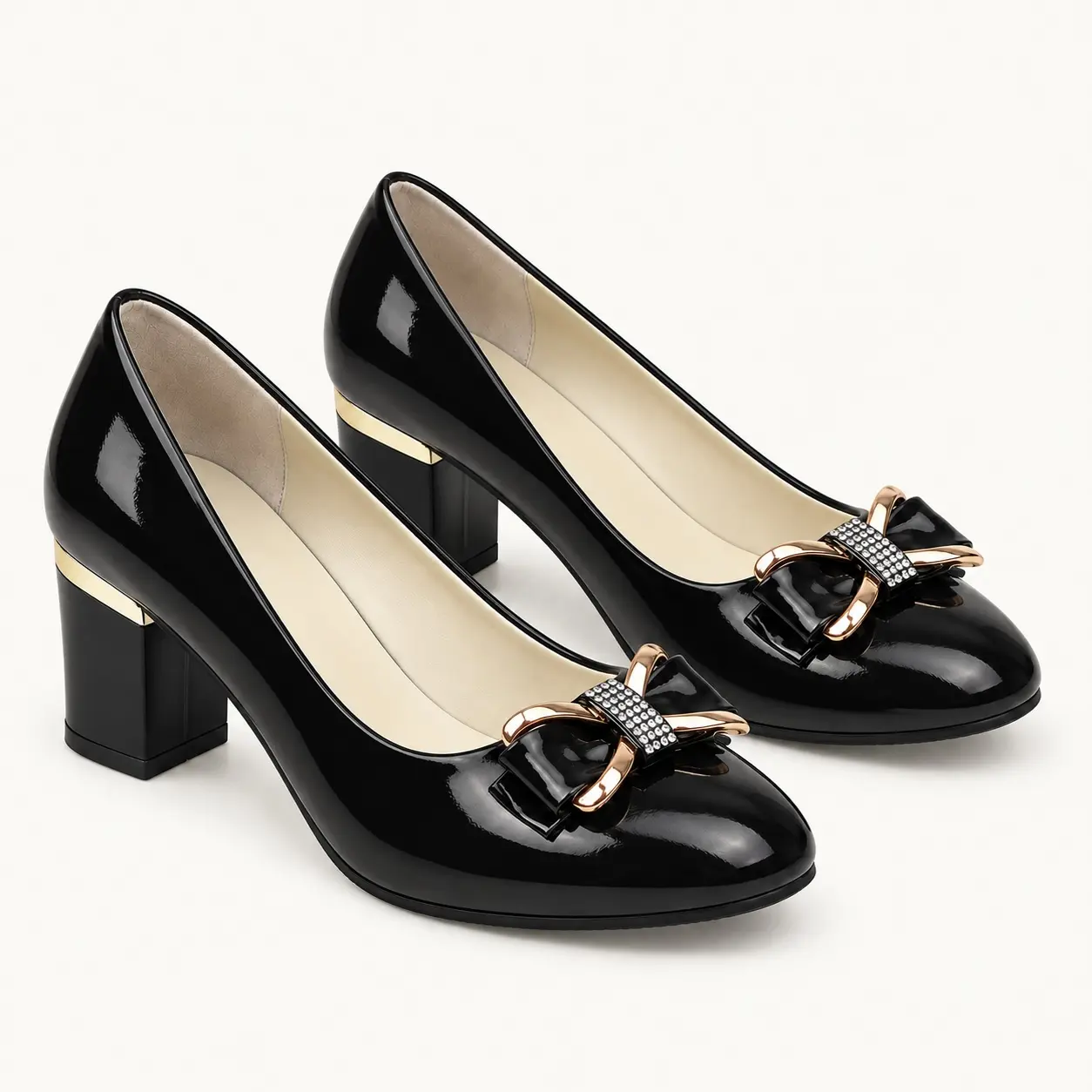 Geeyea women's Black Patent PU Leather Bow Pumps, Round Toe Chunky High Heel Dress Shoes with Rhinestone & Gold-Tone Ornament, Glossy Elegant Heels for Office, Party, Wedding & Date Night.