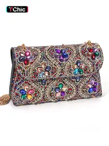 Gorgeous diamond encrusted flower design evening handbag, shiny ladies clutch bag, fashion PU shoulder bag with shoulder chain, suitable for weddings, parties, evenings, elegant rhinestone bag, Fashionable Shoulder Bag