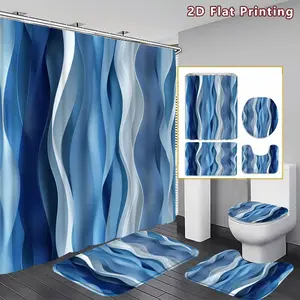 4PCS Blue Wave Shower Curtain set, Blue and White Curved Wave Bathroom Decor, Accessories with Bath Mat, U-shaped Mat, Toilet Lid Cover, 12 Hooks 180x180cm Curtain, Oceanic Wave Design, Home Decor, Bathroom Decoration Accessories, bathroom accessories