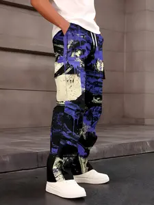One-piece Purple and Black Ink-splash Casual Men's Cargo Pants, Commuting Versatile Style with Multi-pocket Design, Casual Fashion Trousers