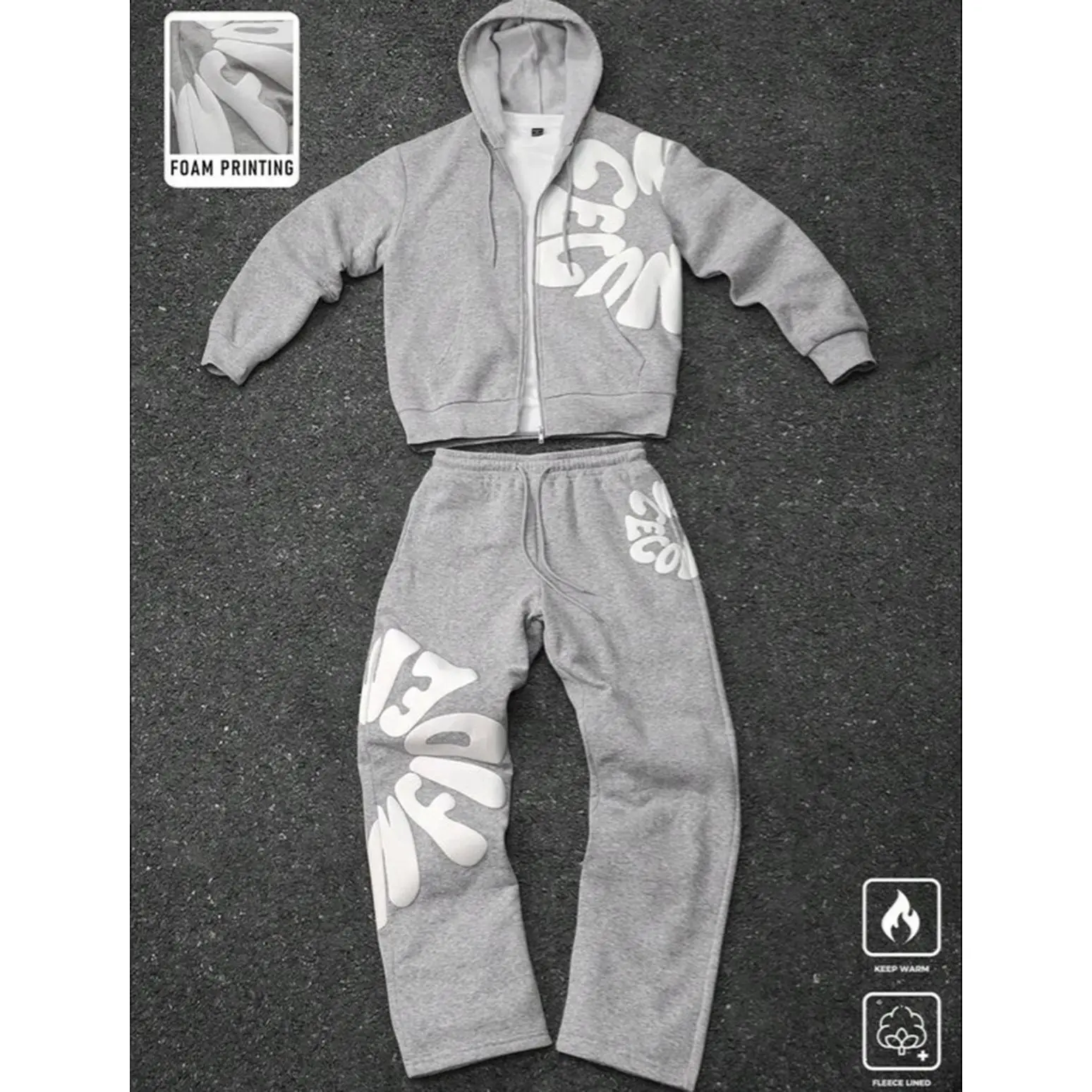PAVTROS Manfinity Streetrush Men's 2-Piece Hoodie & Sweatpants Set Light Grey Autumn Streetwear Holiday Back-To-School Foam Letter Print Sportswear