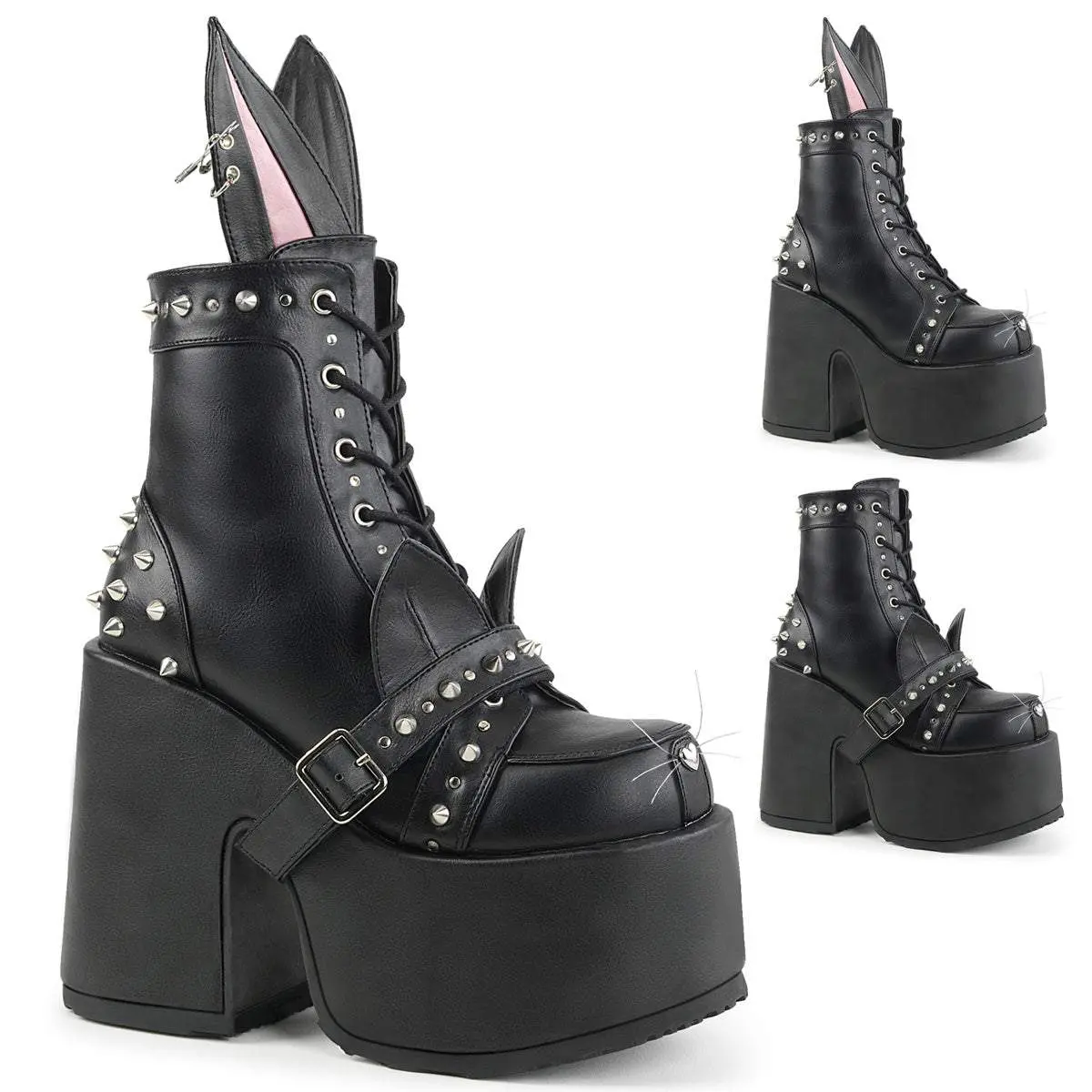 Demonia Camel-202 Black Vegan Leather Ankle Boots