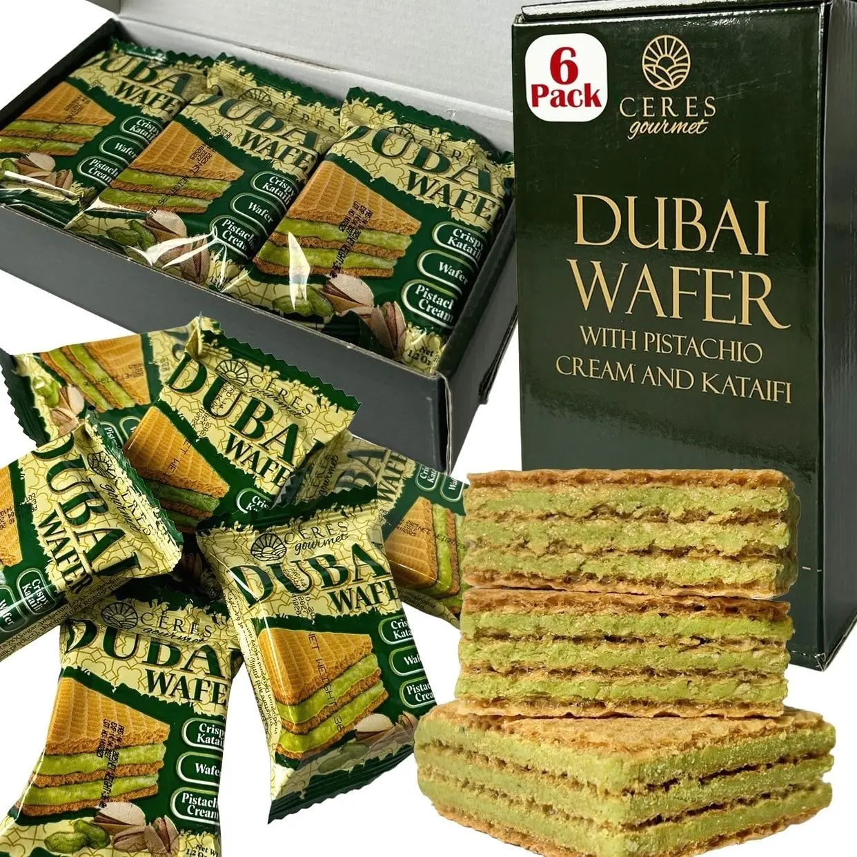 Ceres Gourmet Dubai Pistachio Wafer, 6 Pcs Crispy Kunafa Pistachio Wafer in Individually Pack – Gourmet Dubai Wafers for Christmas, Thanksgiving, and All Special Occasions