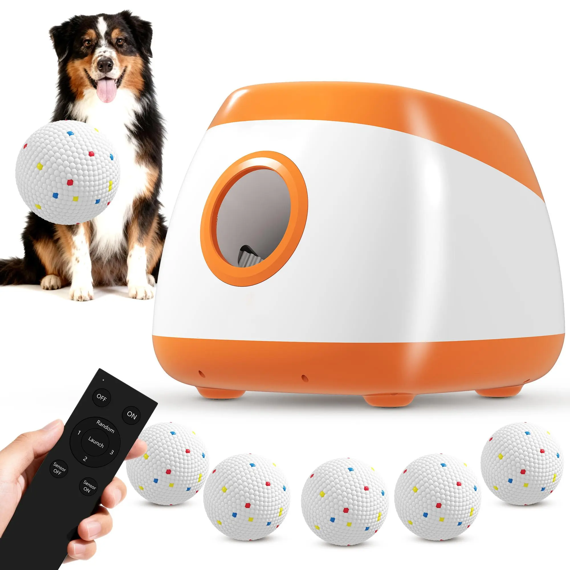 Automatic Dog Ball Launcher – 26-80 FT Adjustable Launch Distance. 3 Settings + Random Mode. 5200mAh Battery (2400 Launches). Includes 6 ETPU Balls & Remote. Perfect for Medium/Large Dogs. Orange