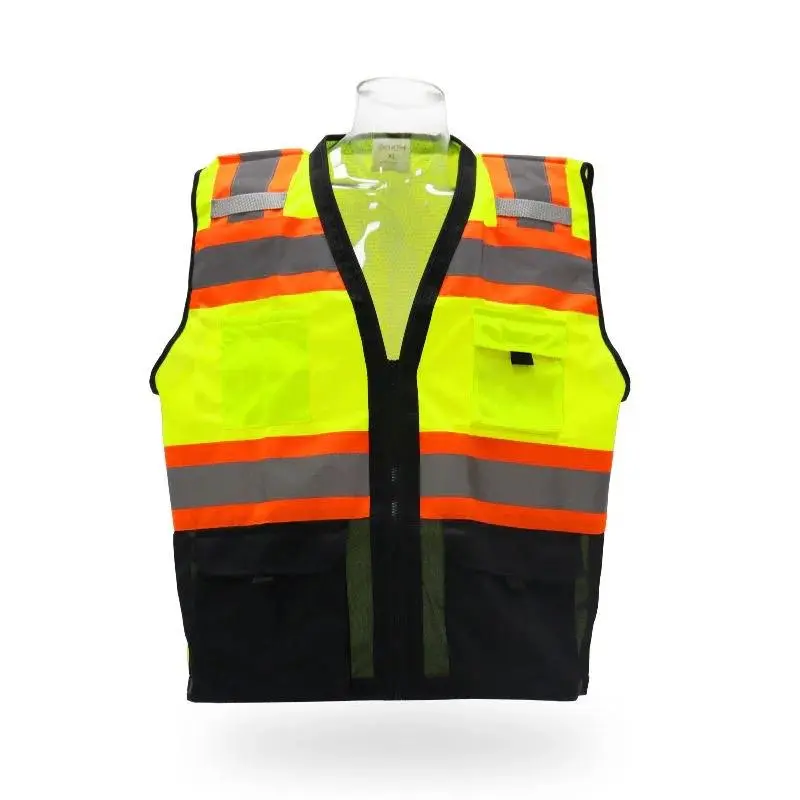 Hi Visibility Yellow Safety Vest with Orange Reflective Strips, Black Trim, Reflective Fabric - Low Light Use, See You in Dark, Enhanced Safety Construction Work Equipment