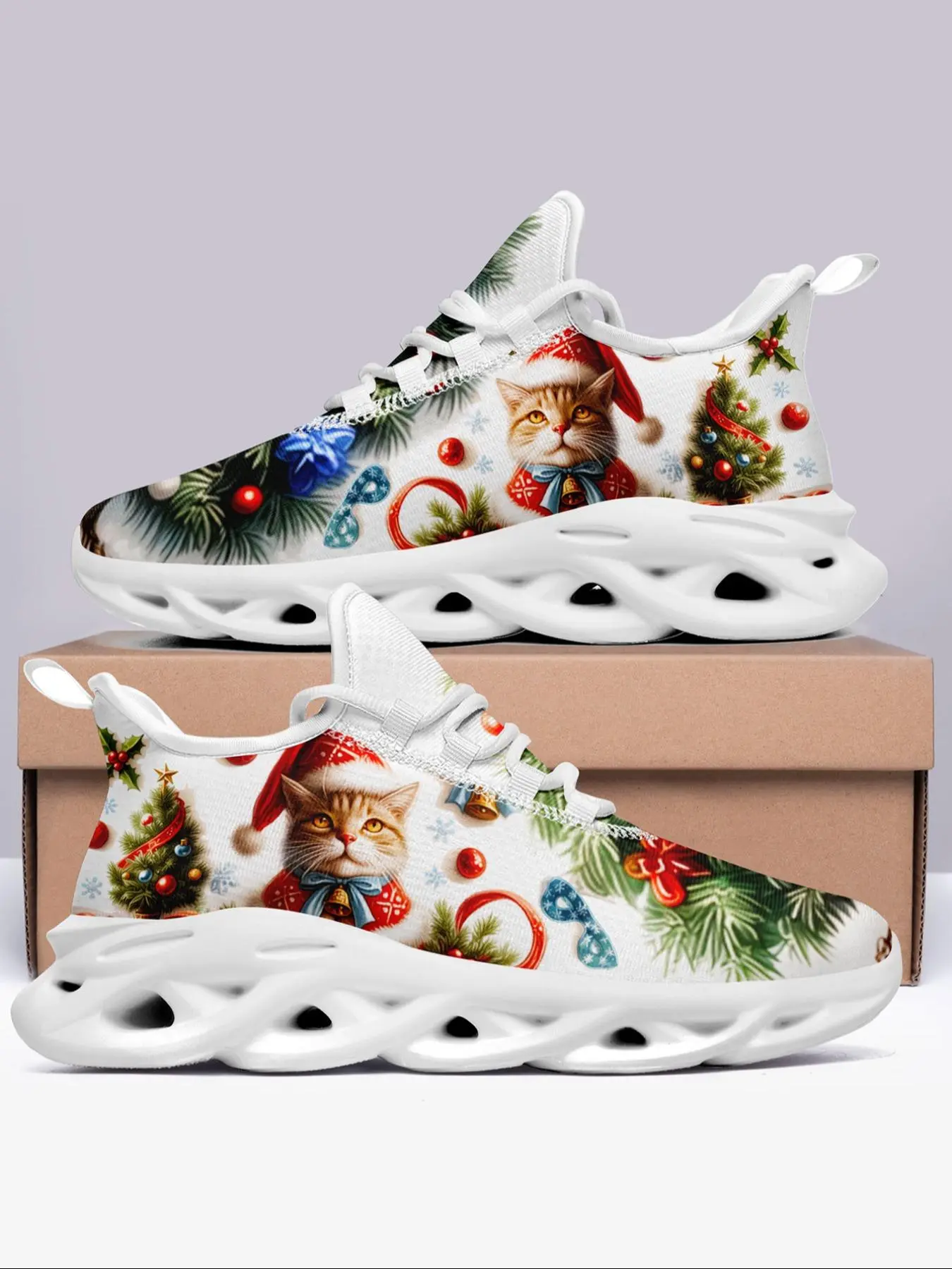 Women's Christmas Cat & Letter Print Lace Up Low Top Sneakers, Casual Comfortable Breathable Sports Running Shoes, Female All-match Round Toe Shoes for Daily, Sporty Running Shoes