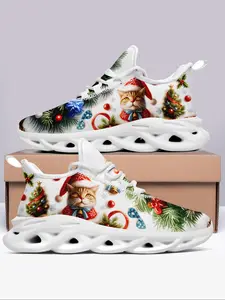 Women's Christmas Cat & Letter Print Lace Up Low Top Sneakers, Casual Comfortable Breathable Sports Running Shoes, Female All-match Round Toe Shoes for Daily, Sporty Running Shoes