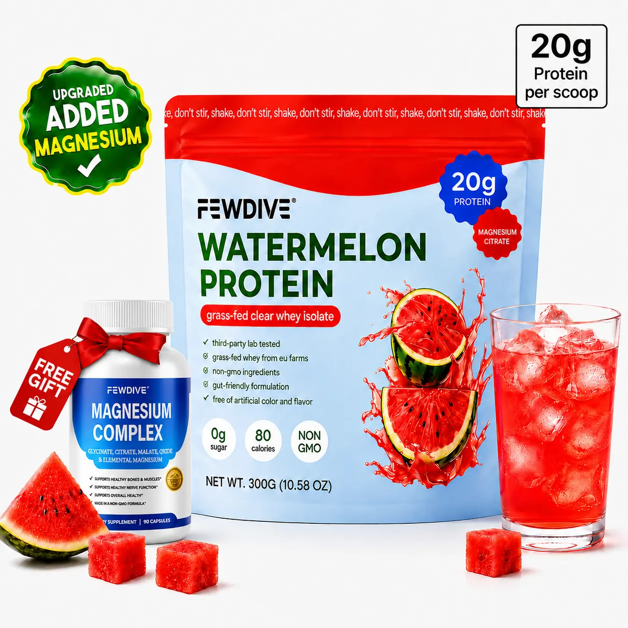FEWDIVE Clear Whey Isolate Protein Powder Supplement - Grass-Fed, Dietary Blend with Collagen, Magnesium, Vitamins, 20g Protein, 80 Calories, Sugar-Free Raspberry Flavor, 0g Sugar, Lactose & Gluten Free for Fitness Nutrition & Skin Care