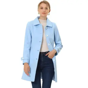 Allegra K Women's Winter Outerwear Peter Pan Collar Mid-thigh A-line Single Breasted Coat Blue Small