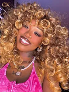 Gktineke Curly Wig for Black Women Curly Wigs with Bangs 18 Inch Ombre Blonde Curly Afro Synthetic Wig Curly Hair for Cosplay and Daily