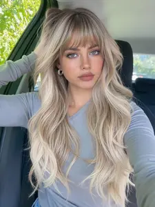 24 Inch Gradient Long Curly Wig with Bangs, Loose Wave Wigs, Elegant Women's Hairpiece for All Seasons, Perfect for Parties & Daily Wear, Synthetic Machine Wigs