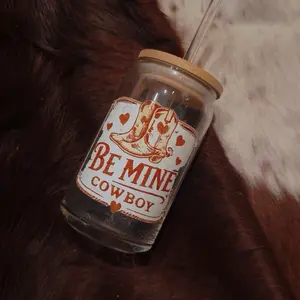 Be Mine Cowboy Jar with Straw - Decorative Glass Container for Coffee or Tea