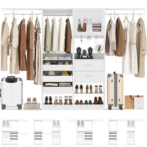 Cyclysio Freestanding Above-Ground Wardrobe, 120-Inch Furniture with 3 Heavy-Duty Rods, 5 Wooden Drawers, 2 Doors, Wall-Mounted Bedroom Storage Shelves, Drawer Organizer Wardrobes, Modern Home Organizer