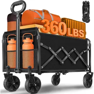 Wagons Carts Foldable,360lbs Collapsible Wagon with Wheels, Lightweight Foldable Wagon Cart with Drink Holders for Camping,Travel,Picnic,Shopping,,Storage,Fashion Black