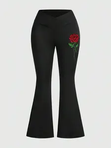 Women's Slim Fit baggy legging, Rose Graphic Print, Criss Cross Waist, Comfortable Casual Wear, All Seasons, Fashionable Daily & Gym Use, High Waisted Leggings, Flared Yoga Bottoms