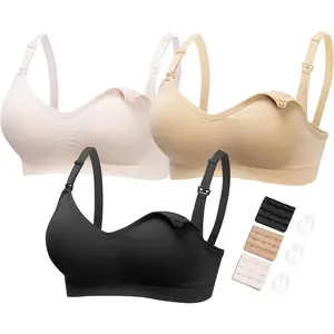 Bras for Breastfeeding, 3 Pack Pregnancy Deep V Neck Wireless Bra with Extenders Clips