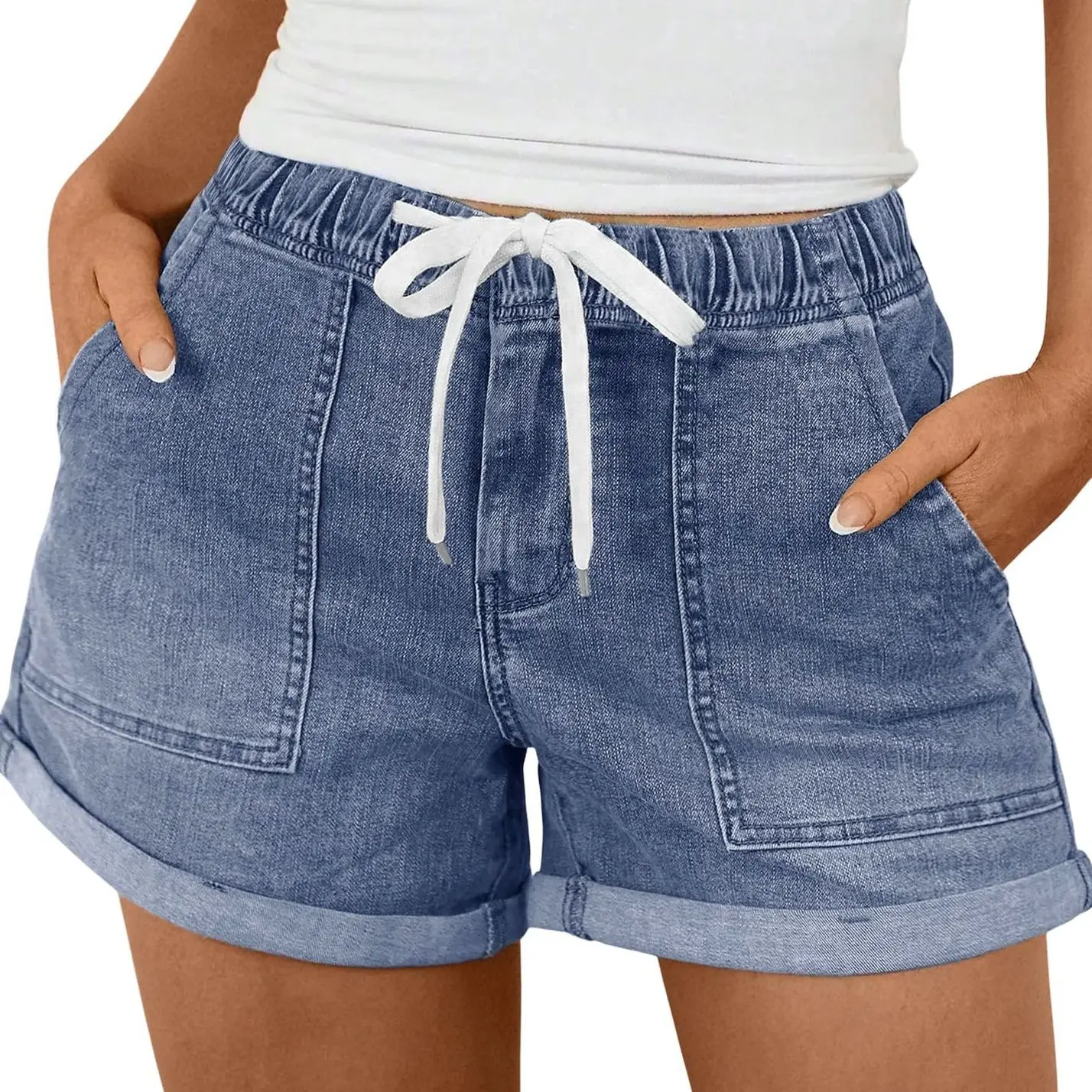Women’s elastic drawstring stretch waist denim shorts, high-waisted rolled hem cuffs, multi pockets casual denim shorts, two-tone vintage wash women’s shorts for spring/summer/autumn everyday wear