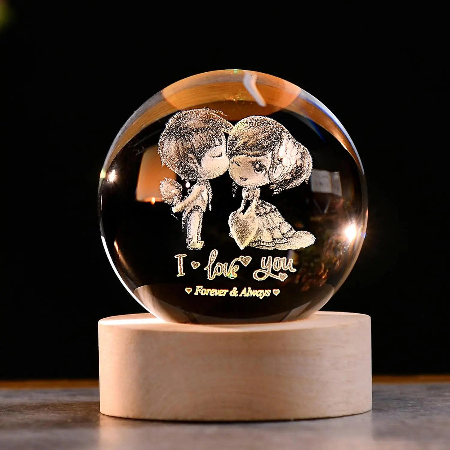 3D Couple  Ball Valentine's Gifts for Her 2.36" Engraved Glass Couple Sphere Gifts with Colorful Lighted Base Decorative Glass Ball Romantic Anniversary Decor Wife Birthday Gifts