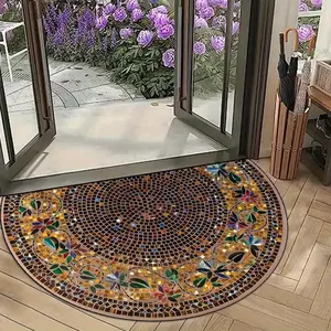 Floral Pattern Half Round Indoor Welcome Mat, Soft Comfortable Carpet for Home, Washable Foldable Decorative Rug for Living Room Bedroom Entryway Decor, Floral Area Rug