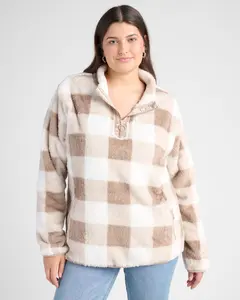 Plus Size Gingham Check Sherpa Half Zip