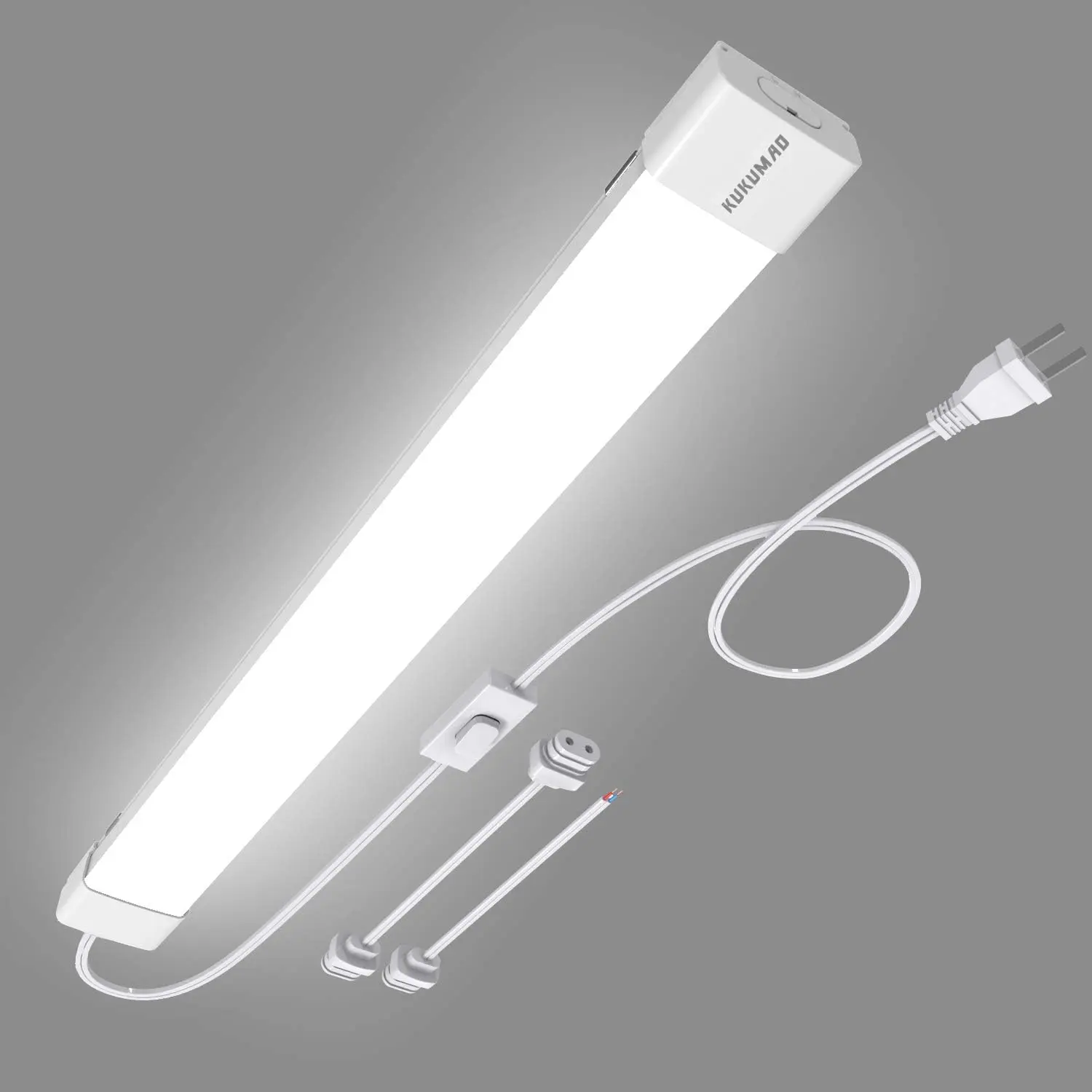5000K Plug in LED Tube Light Fixture, 18W Linkable Cabinet Light for Garage, Kitchen, Bathroom, Closet, Office - 2Ft, Triproof, White