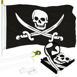 G128 Combo Pack: 5 Ft Tangle Free Aluminum Spinning Flagpole (White) & Pirate Jolly Roger Swords Flag 2.5x4 Ft, ToughWeave Series Embroidered 300D Polyester | Pole with Flag Included