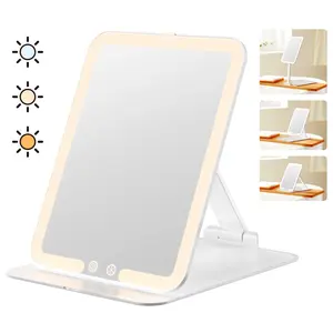 Auxmir Travel Makeup Mirror with Light, Portable Folding Lighted Travel Makeup Mirror with 72 LEDs, Rechargeable Compact Vanity Mirror with 3 Dimmable Color Lights, Adjustable Height and Angle