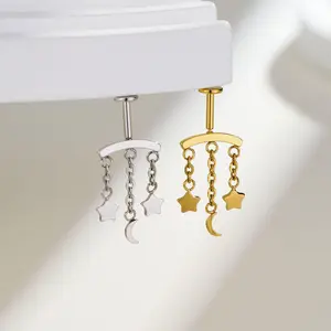 Oufer Vertical Helix Body-Safe Non-Tarnish Piercing Jewelry, 316L Stainless Steel Push Pin Flat Back with Dangle Star and Moon Chain, Body-Safe Piercing Jewelry