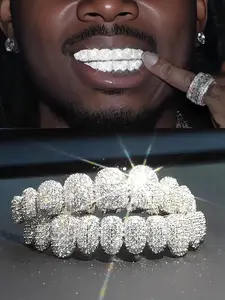 Hiphop Style Metal Electroplated Teeth Grills Set, Tooth Gem, Full Diamond Grillz, Rapper Inspired Streetwear Jewelry, Trendy Individualistic Accessories