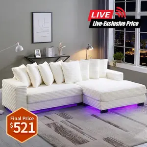 Niccae L-Shaped Modular Corduroy Quilted Sofa with LED Light Strip, Ambient Lighting, Convertible Bed, Adjustable Footstool, Self-Assembly Required, 3-Package Shipment, Couches for Living Room, Apartment Furniture