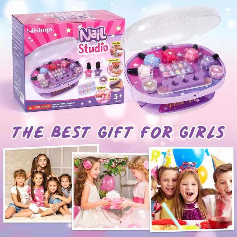 Kids Nail Polish Set for Girls, All-in-One Nail Art Kit - Nail Dryer/ Nail Polish/ Glitter Powder/ False Nails/ Nail Decals/ Toe Separator/File, Age 3-12 Little Girl Gift Toys
