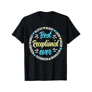 [100% Cotton] 100% Cotton Black Crew Neck Short Sleeve Best Receptionist Ever Graphic T-Shirt Casual Spring Summer Office Holiday Unisex Happy Mother'S Day Shirt for Mom Best Mom Ever Graphic Tee Gift