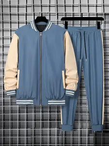 Men's Outdoor Casual Set, Unisex Baseball Jacket Set, Sportswear, Long Sleeve, Fitted, Colorblock, All Seasons, Fashionable Design