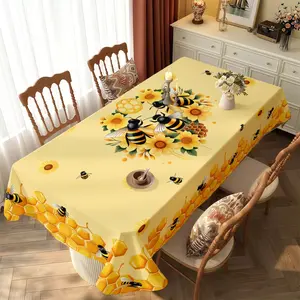 Rectangular Tablecloth, Multiple Sizes Available, Bee Sunflower Honeycomb Pattern, Polyester Material, Easy Clean, Home Kitchen Decor
