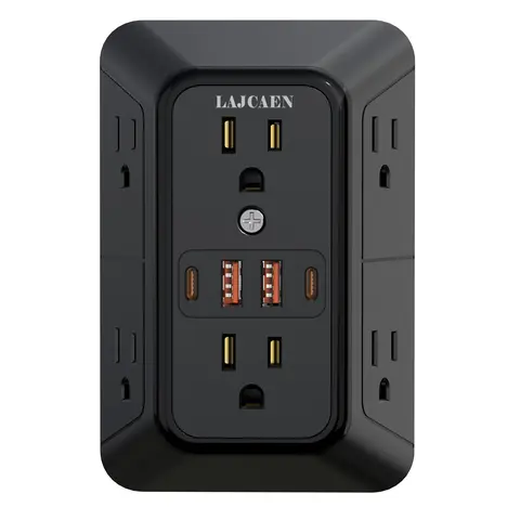 JcBlaon Compact Surge Protector USB Wall Charger - 6 AC Outlets, 4 USB-A Ports, Extender Plugs, Portable, Safety Design, Fast Charging, Compact Charging Station Plugs, 3-Sided Multi-Device Wall Adapter for Home, Travel (Black)
