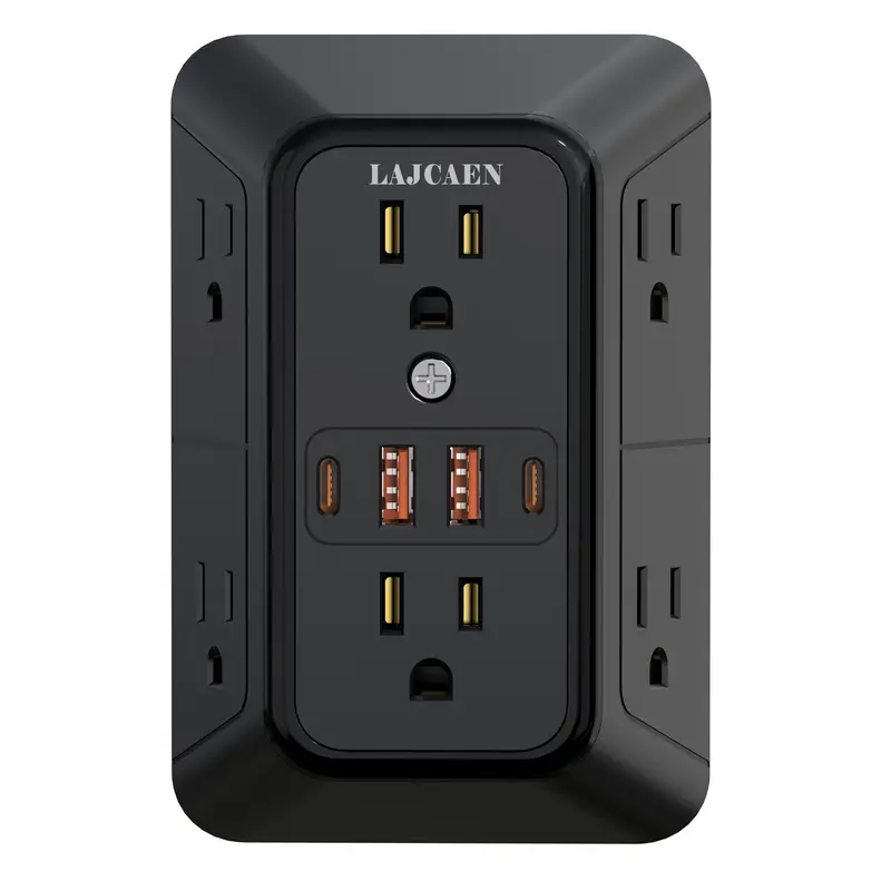 JcBlaon Compact Surge Protector USB Wall Charger - 6 AC Outlets, 4 USB-A Ports, Extender Plugs, Portable, Safety Design, Fast Charging, Compact Charging Station Plugs, 3-Sided Multi-Device Wall Adapter for Home, Travel (Black)