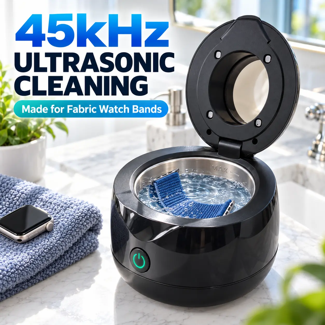 45kHz Ultrasonic Cleaner Machine with Stainless Steel Tank, Compact Sonic Cleaner for Fabric Watch Bands, 2 Modes for Nylon, Woven Straps (45khz clean compatible)