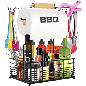 Grill Caddy, BBQ Caddy for Outdoor Grill, Camping Essentials, Camping Accessories, Outdoor Kitchen BBQ Grill Accessories for Camper, Picnic Utensil Condiment Caddy, Tailgate Essentials