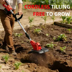 OJOYME 21V Cordless Electric Garden Tiller - Low-Noise, Smoke-Free, 360RPM Lightweight Tool with Safety Lock, LCD Battery Indicator for Small-Medium Gardens, Ideal for Gardeners (Gasoline-Free Soil Loosening & Weeding), Cordless Tiller