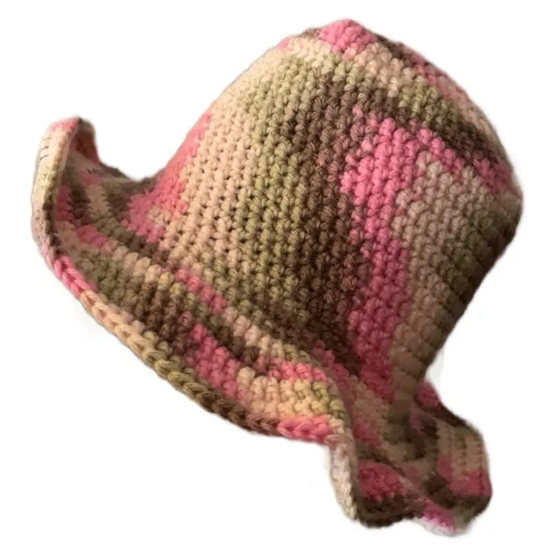 Unique Hand Crocheted Beach Hat with Strawberry Design in Pink and Brown Striped Pattern