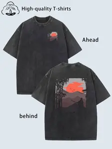 valentine shirts Men's Heavyweight Vintage Washed Oversized T-Shirt - Distressed Retro Graphic Print with Japanese-Inspired Cherry Blossoms & Japanese Text Back Design, Soft Breathable Fabric, Loose Fit Round Neck Short Sleeve Casual Casual Attire