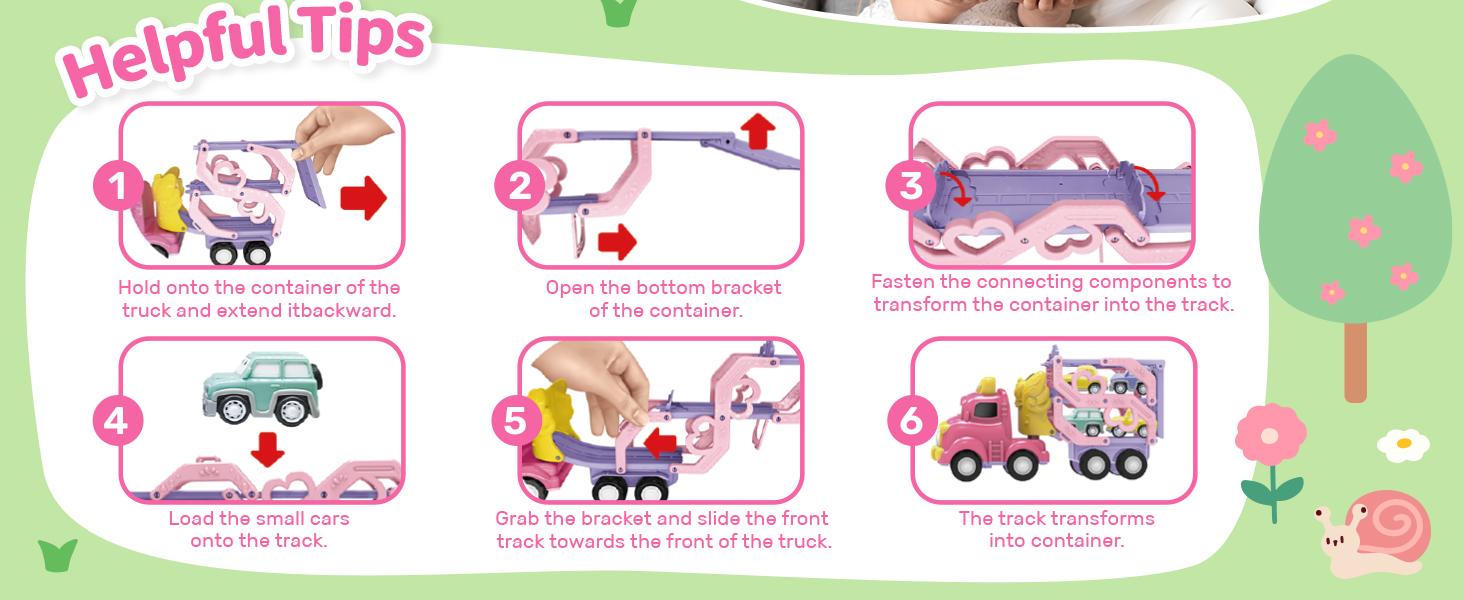 Cute Stone Princess Truck Toys Set with 31.5 in Extra Long Track Slide 3 Layer Foldable Transport Carrier Vehicle Light & Sound for Little Girls, Valentine's Day gift
