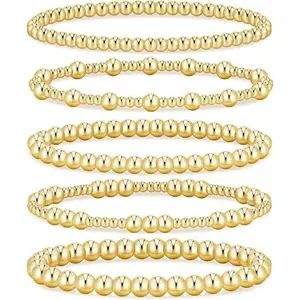 Waterproof Beaded Bracelet Pack for Women - 14K Gold Plated 3-Piece Stretchy Bracelet Set - Stainless Steel Ball Trio Bracelet Stack