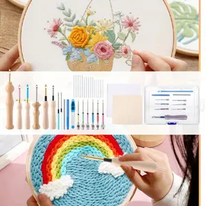 35 Pcs Punch Needle Kit,Punch Needle Tool Adjustable Punch Needle Embroidery Kits Include Wooden Handle Embroidery Pen Set,Big Eye Needles,Punch Needle Cloth - Valentines Gifts for Adults Beginne