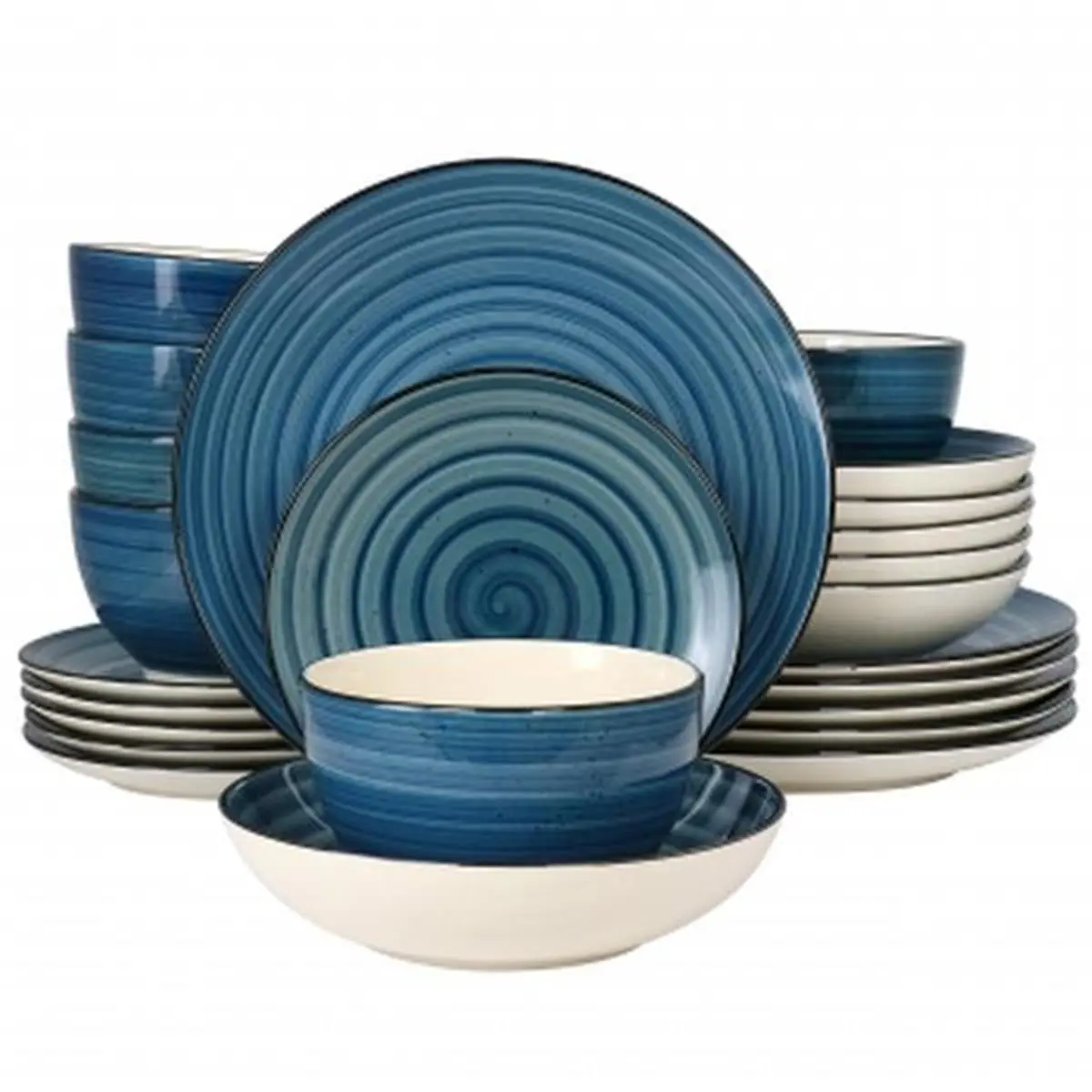 Elama Gia Round Stoneware Dinnerware Set, Dark Blue - 24-Piece Tableware Set