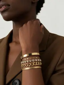 5 Piece Layered Stacking Bracelet Set, Punk Simple Polished Bangles, Rhinestone Chain & Cuban Link, Bohemian Style Jewelry Gift, Rhinestone Decor Bangles, Cuban Bracelets