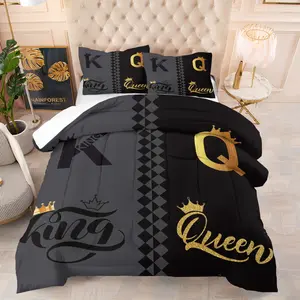 2/3 Piece Romantic Valentine'S Day Themed Bedding Set, Valentine'S Day Gift, King and Queen Printed Crown Married Couple Comforter Set, Suitable for Couples' Bedroom Decoration Set, Soft and Breathable, Including 1 Quilt and 1/2 Pillowcase