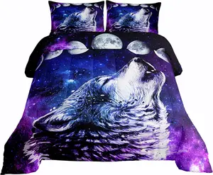 Feelyou Howling Wolf Down Comforter Set - Breathable Microfiber Bedroom Bedding Set, Multi-Size Travel-Friendly Galaxy Series Machine Washable Duvet, Blue Purple Starry Sky Trippy Stars Moon Design for Teens, Breathable Duvet Set